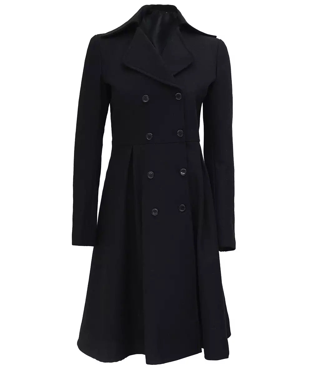 Womens Black Double Breasted Wool Coat
