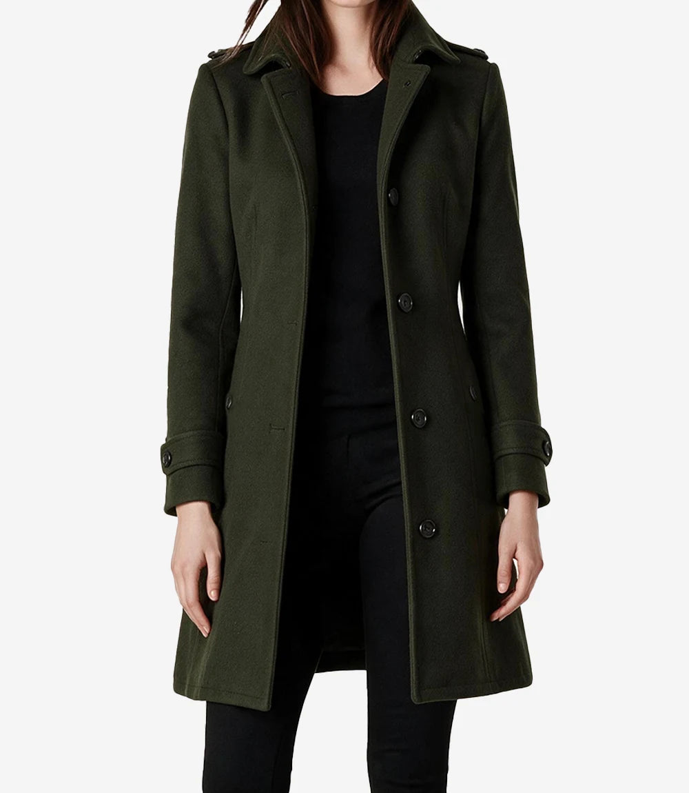 Josephine Women's Mid Length Olive Green Wool Coat