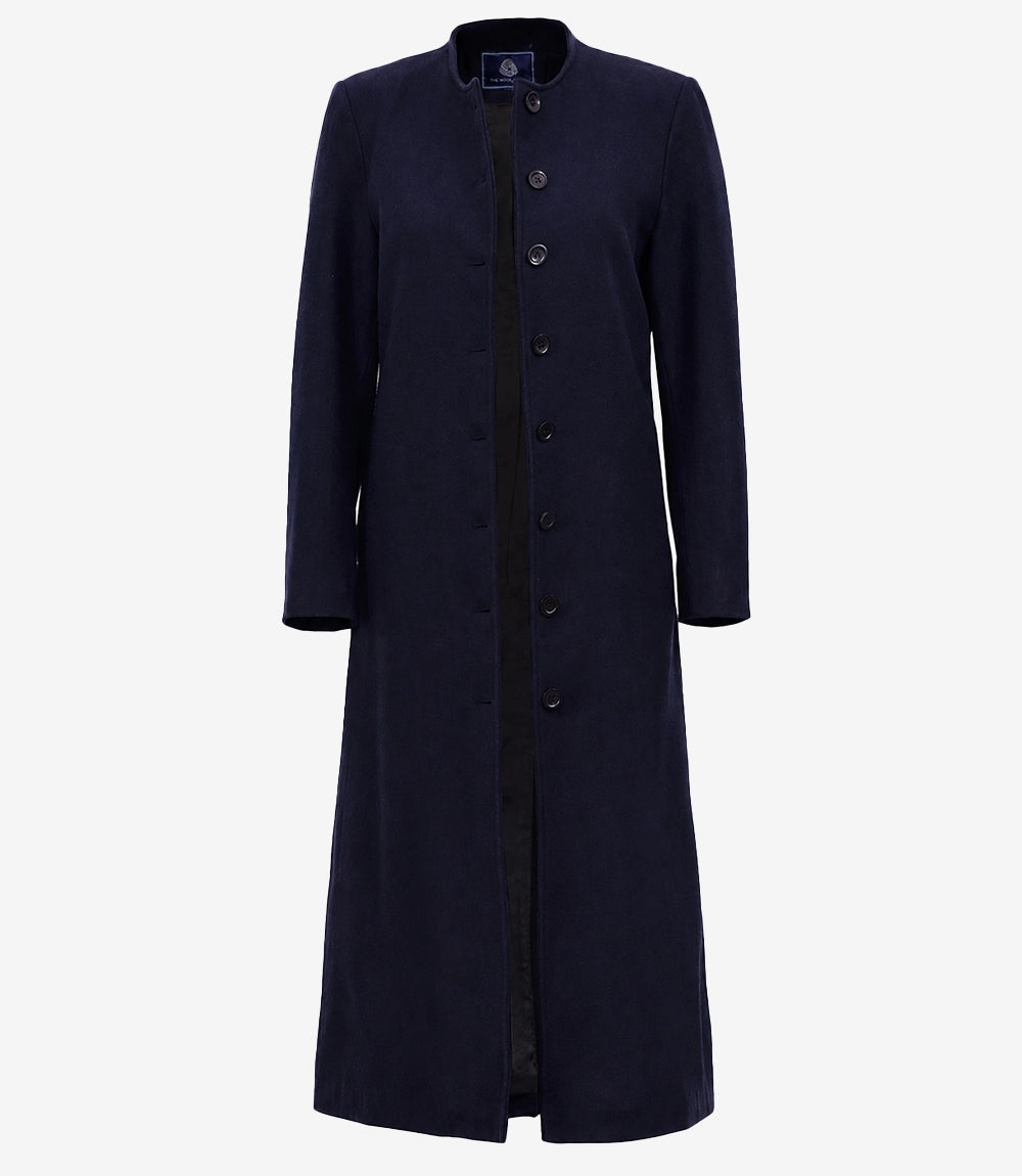 Rosario Runway: Women's Collarless Navy Blue Wool Coat - Blue