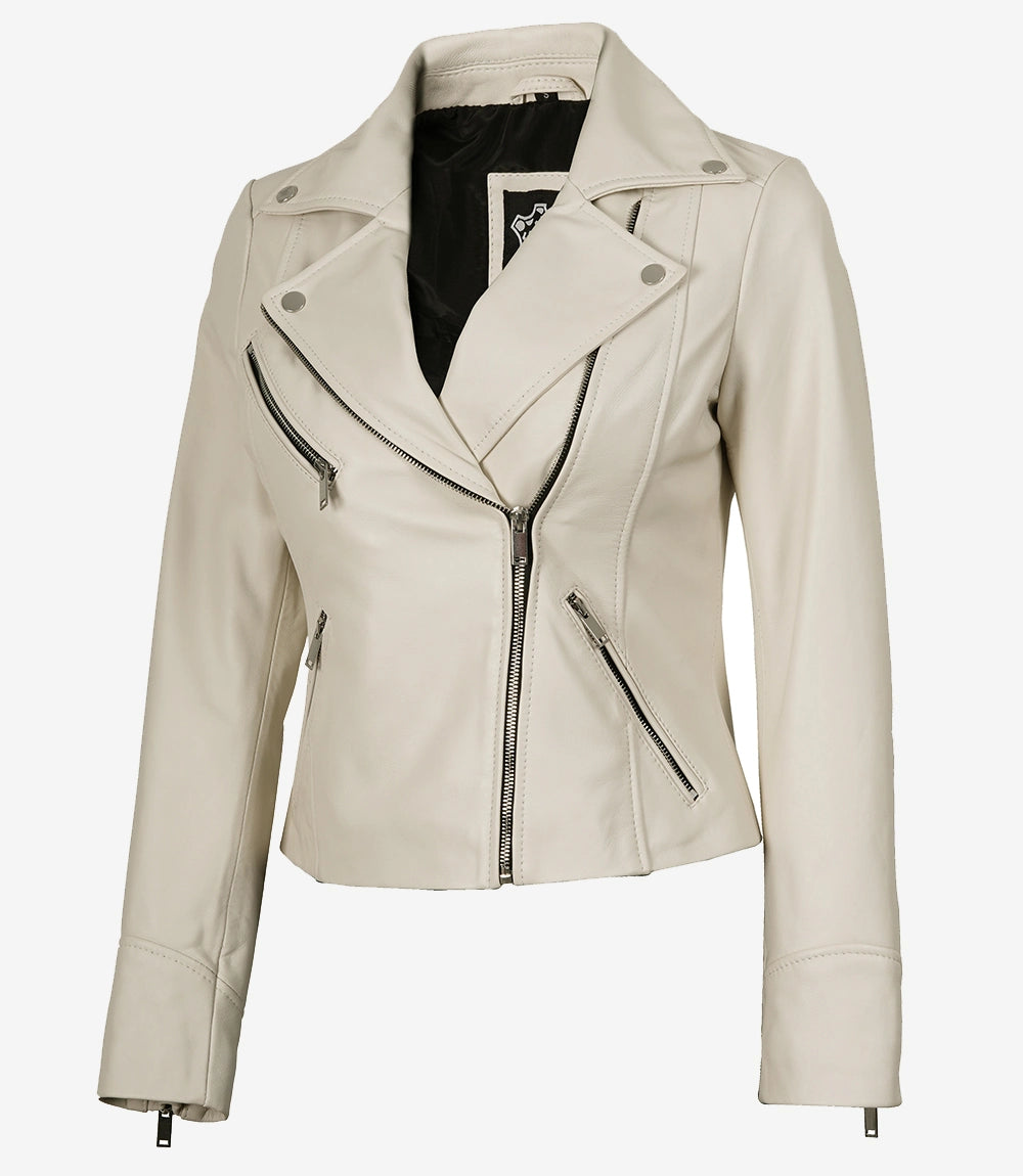 Women's Real Lambskin Leather Off White Biker Style Jacket
