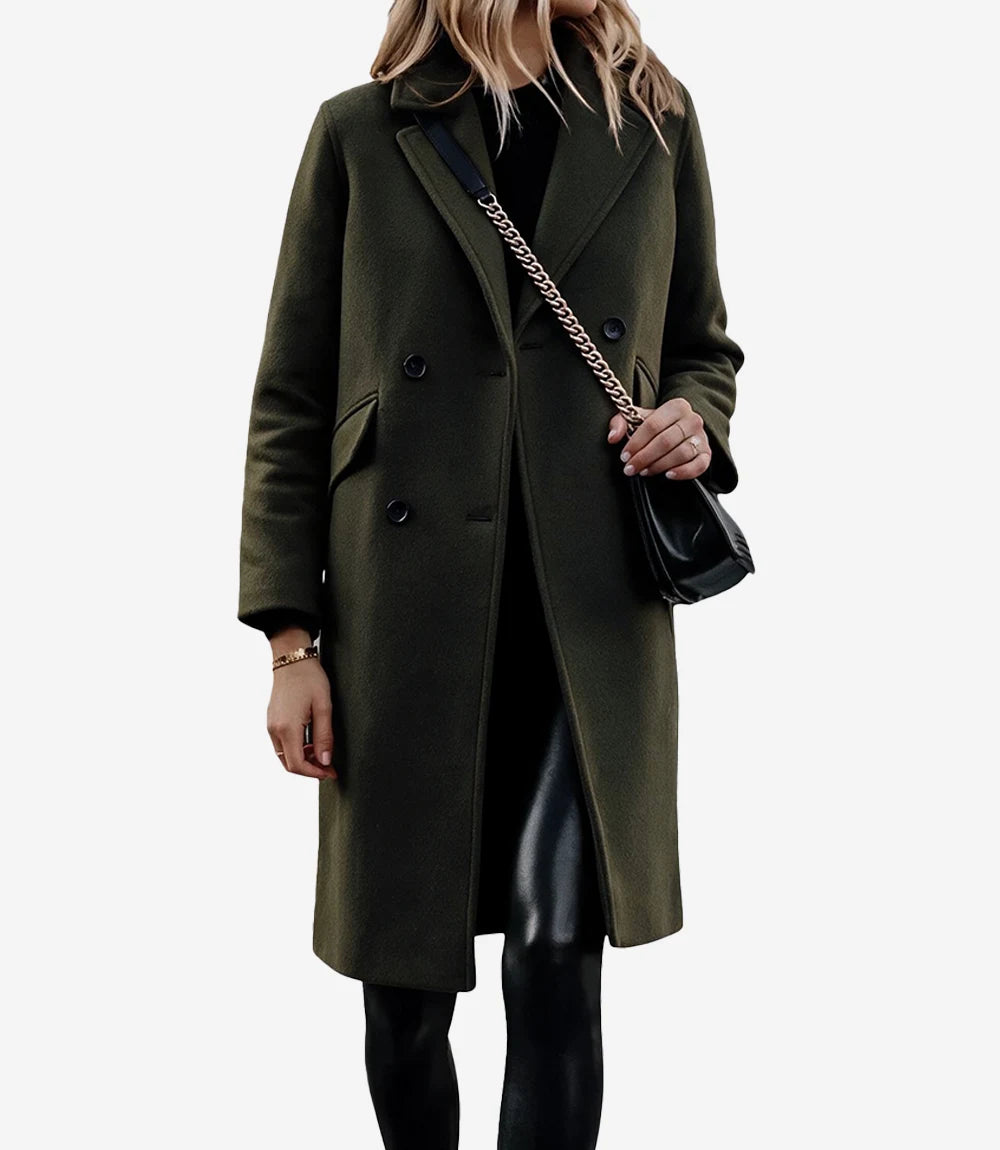 The Classicist: Women's Double-Breasted Wool Coat in Olive Green