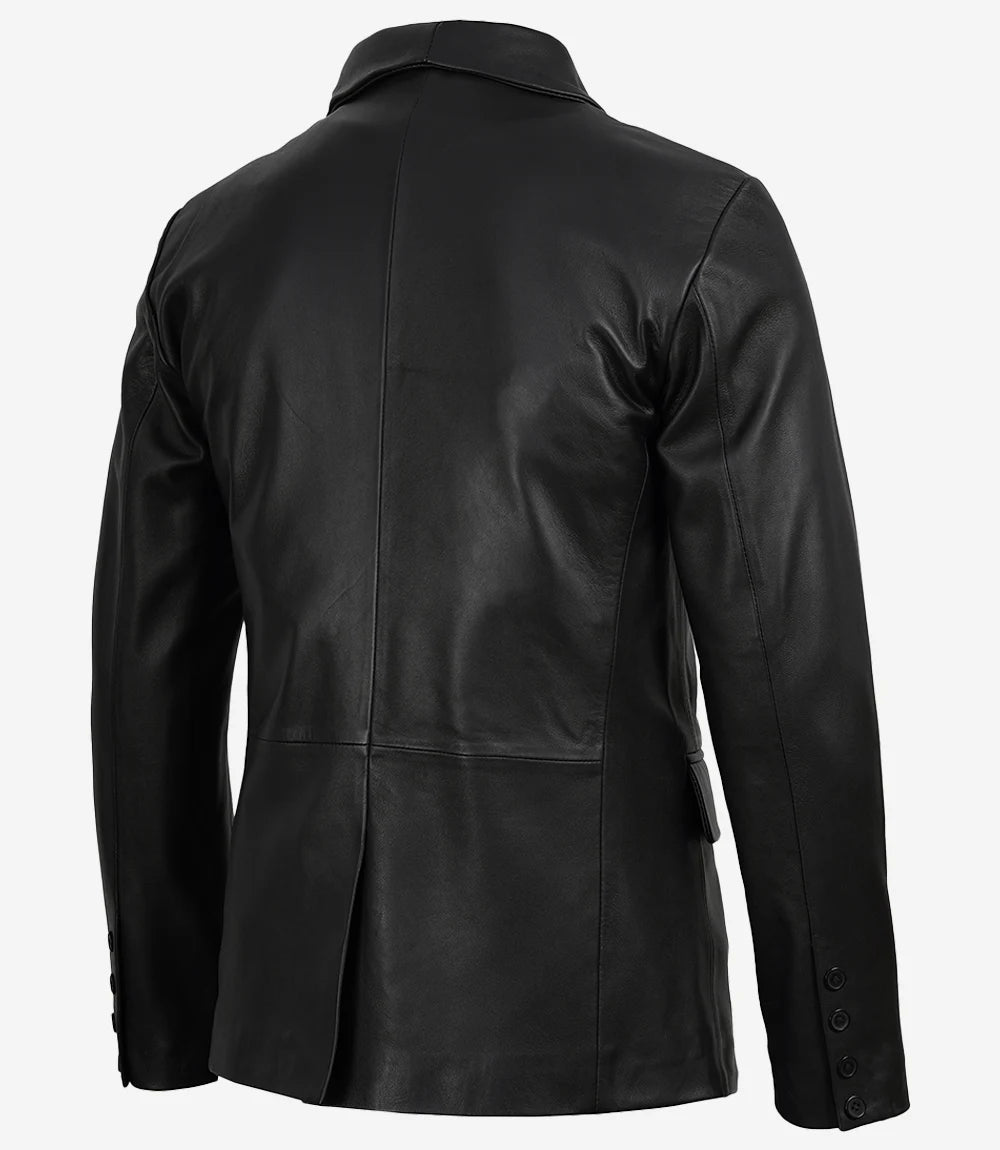 Men's Single Button Black Leather Blazer - Shawl Lapel