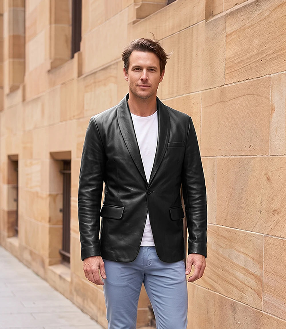 Men's Single Button Black Leather Blazer - Shawl Lapel