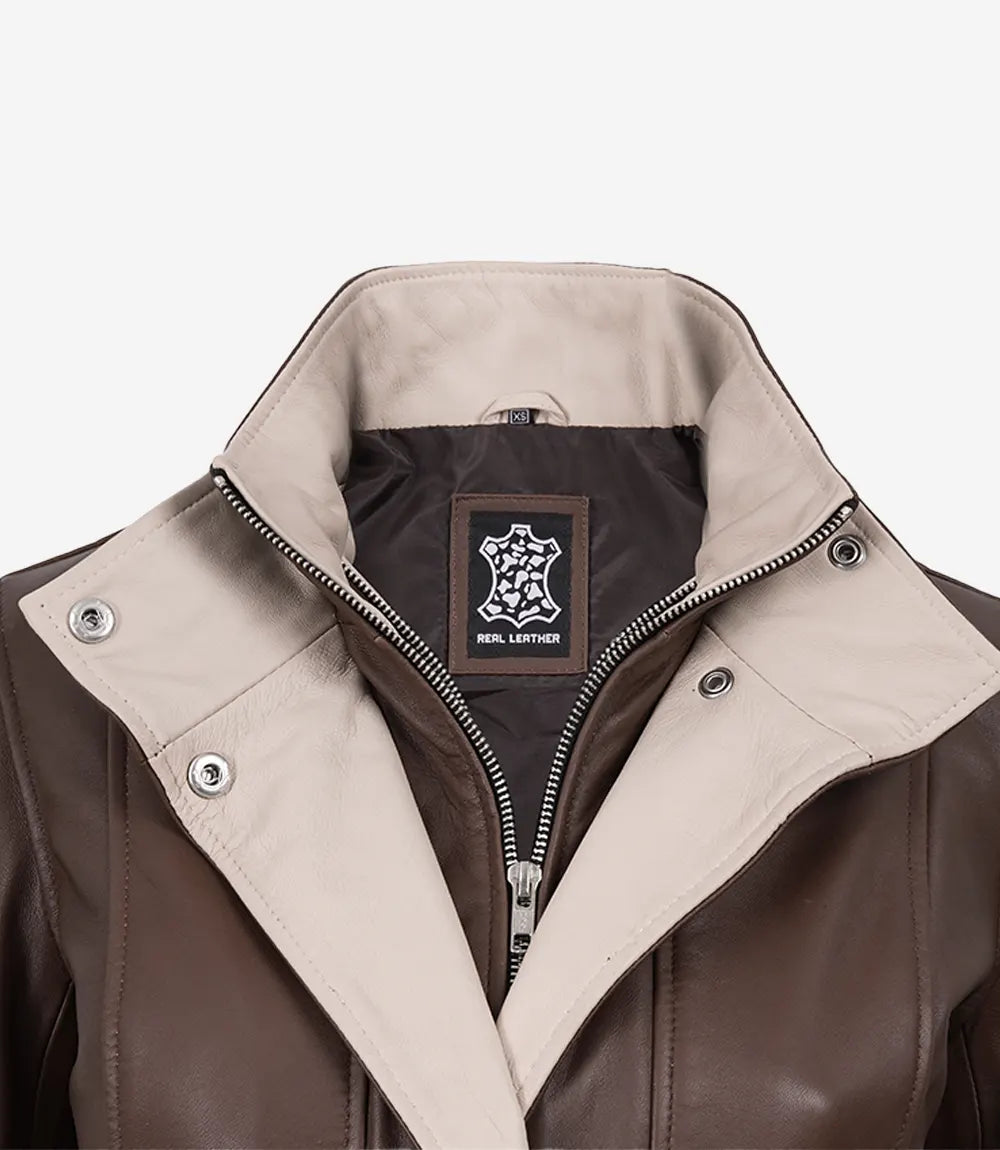 Womens High-Collar Dark Brown Leather Jacket With Beige Details