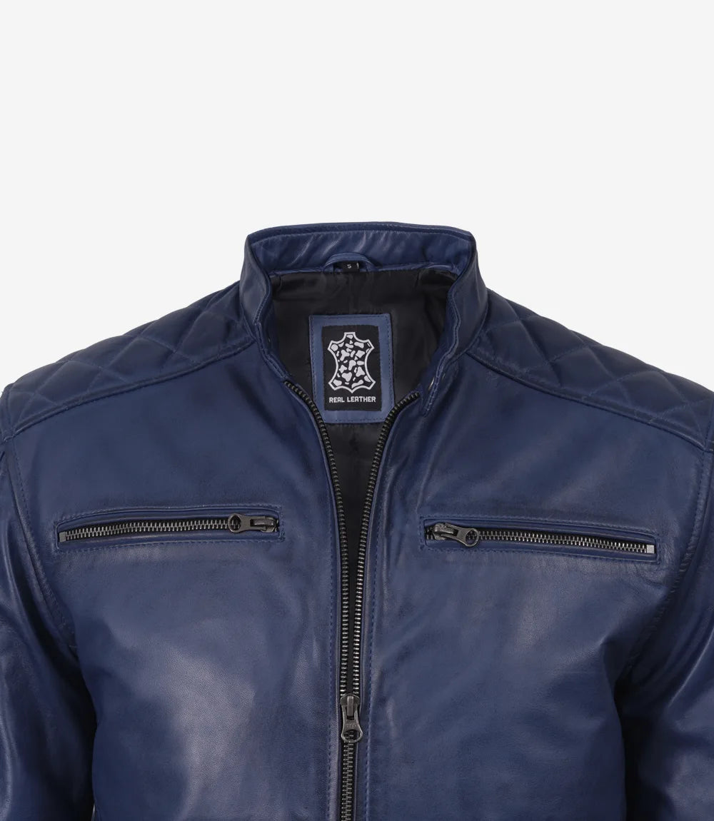 Men's Blue Waxed Leather Biker Style Jacket With White Stripes