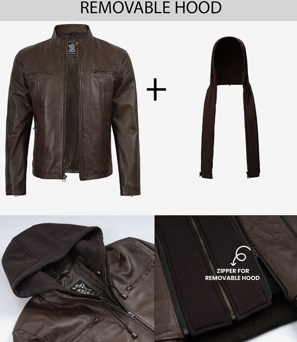 Mens Dark Brown Biker Style Leather Jacket with Hood