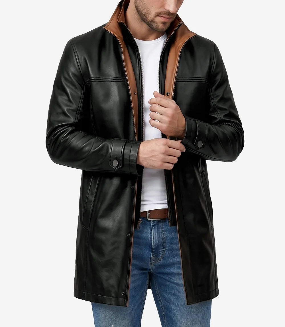 Erin Mens High-Collar Black Leather Jacket With Brown Details