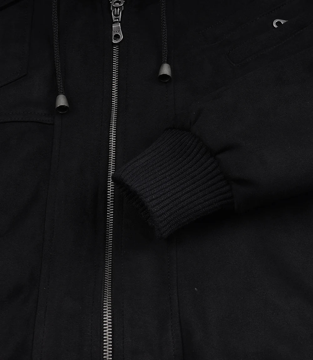 Men's Black Faux Suede Hooded Bomber Jacket