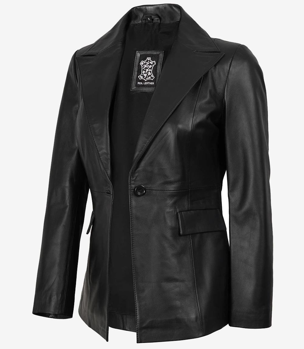 Womens Peak Lapel Black Leather Blazer - Single Button Closure