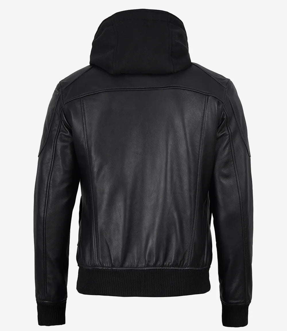 Men's Black Real Leather Bomber Jacket – Detachable Hood