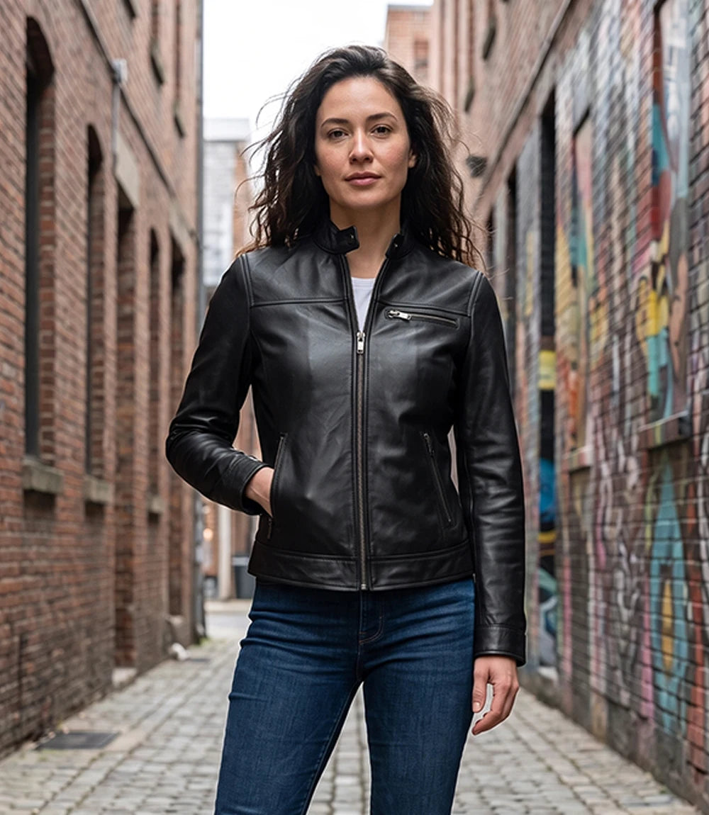 Womens Black Lambskin Biker Style Leather Jacket