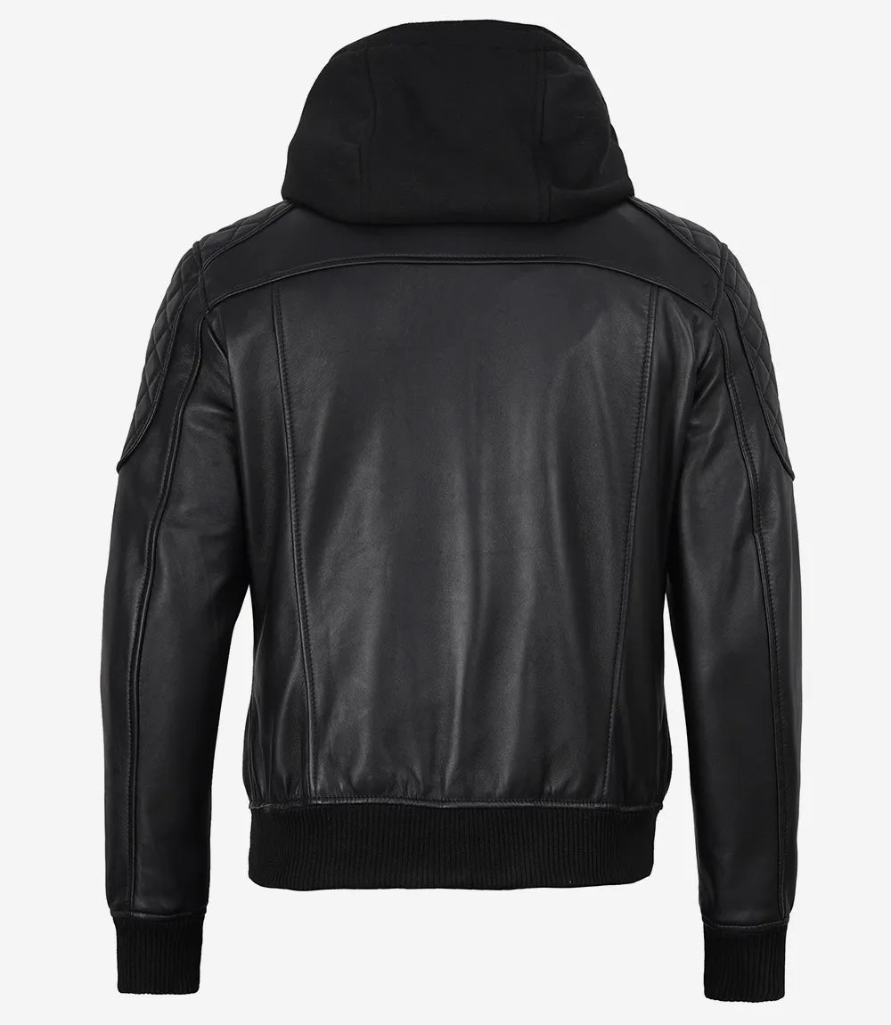 Men's Black Quilted Leather Bomber Jacket with Removable Hood