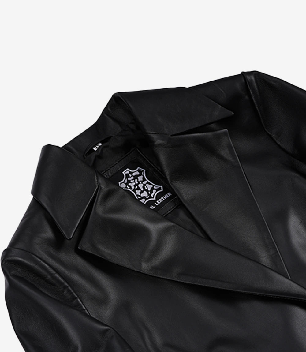 Women's Notch Lapel Belted Black Leather Blazer - Black - view 5