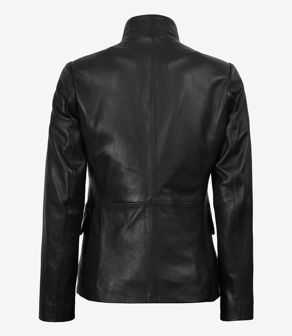 Women's Single Button Black Belted Leather Blazer - Black - view 5