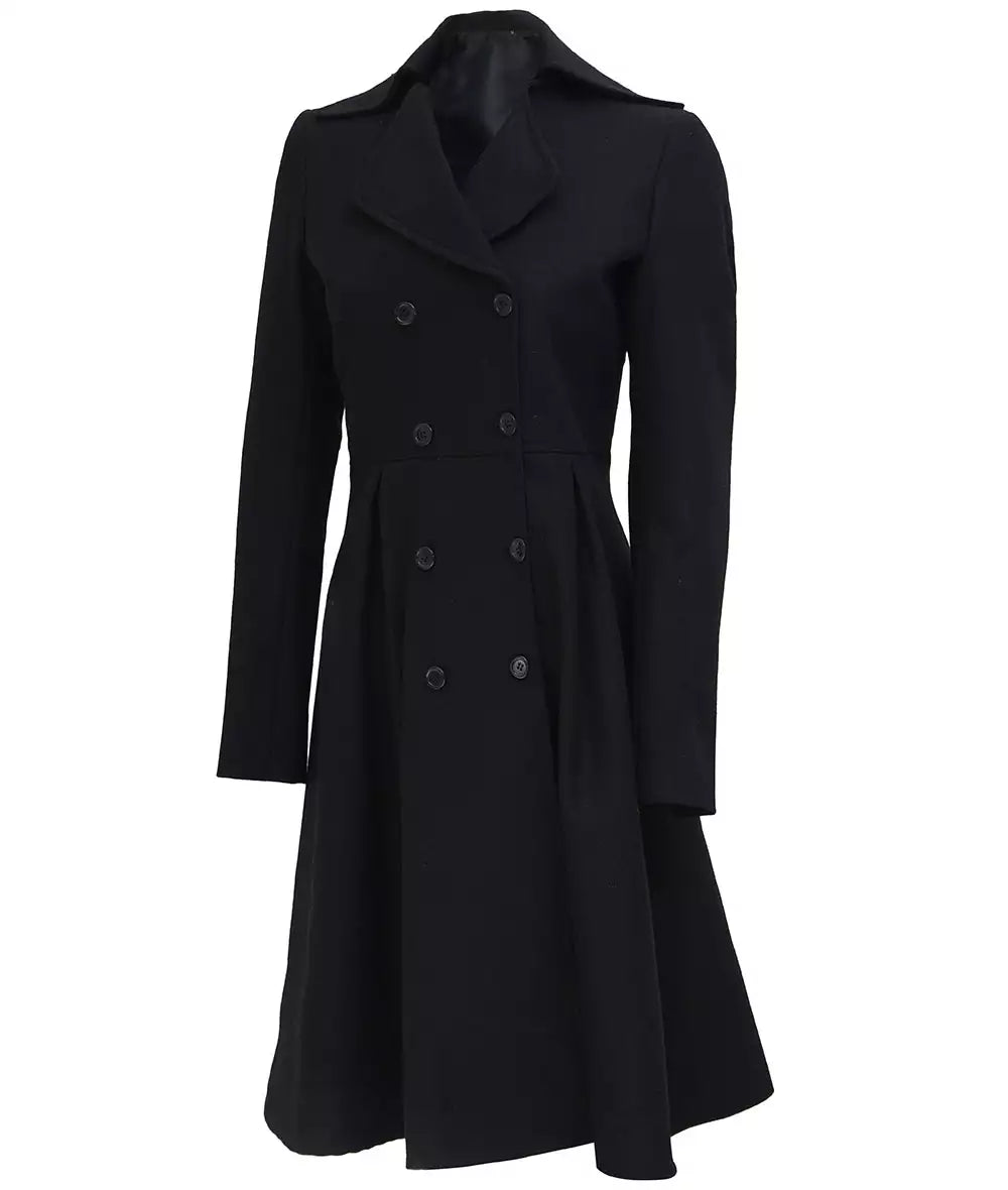 Womens Black Double Breasted Wool Coat