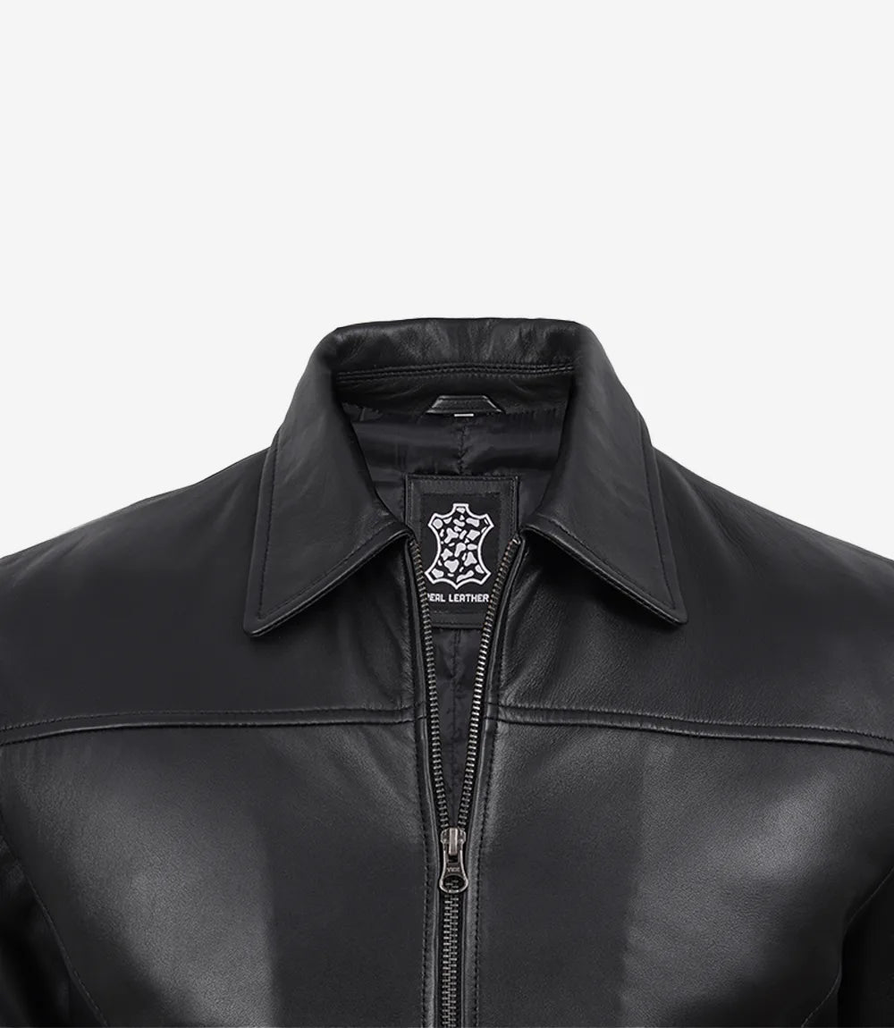Men's Black Shirt Collar Leather Jacket - Harrington Style - Black - view 5