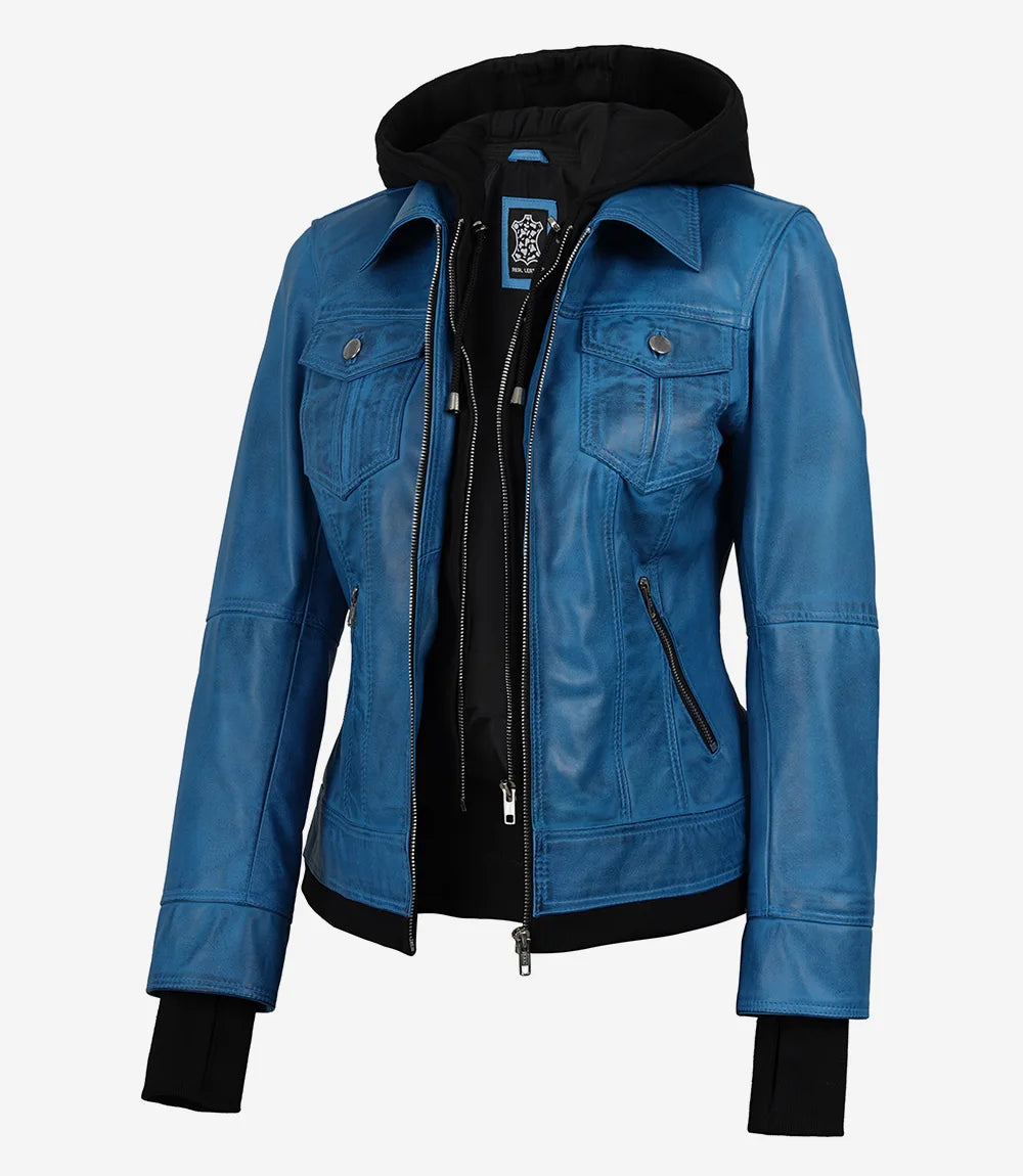 Women’s Blue Waxed Real Leather Jacket with Removable Hood
