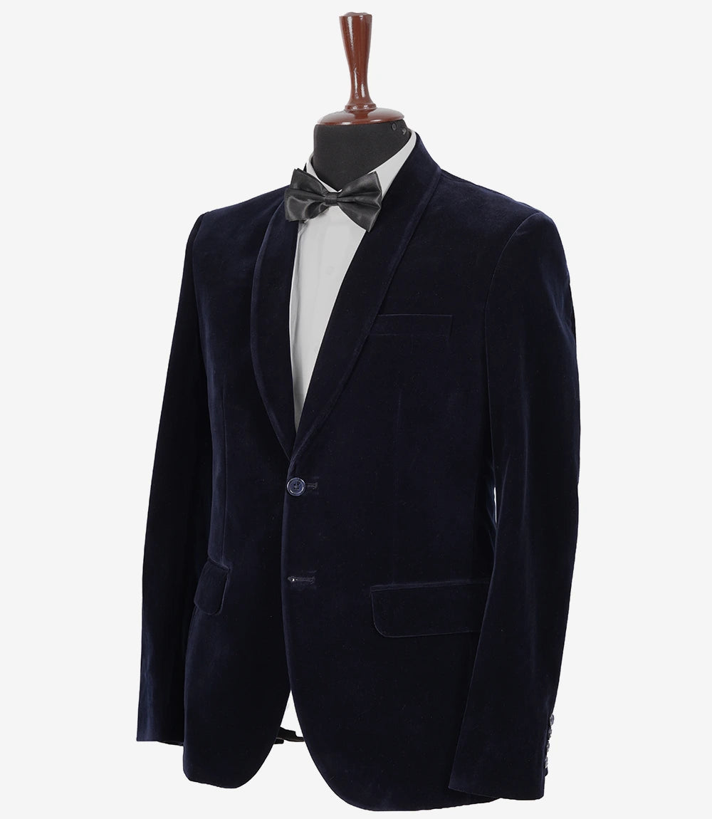 Mens 2 Button Deep Blue Velvet Tuxedo with Shawl Lapel