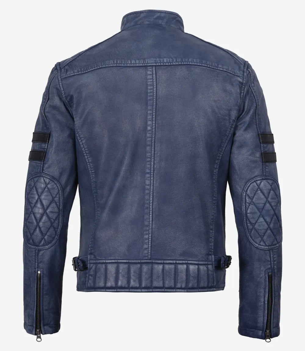 Men's Washed Blue Biker Style Leather Jacket With Black Stripes