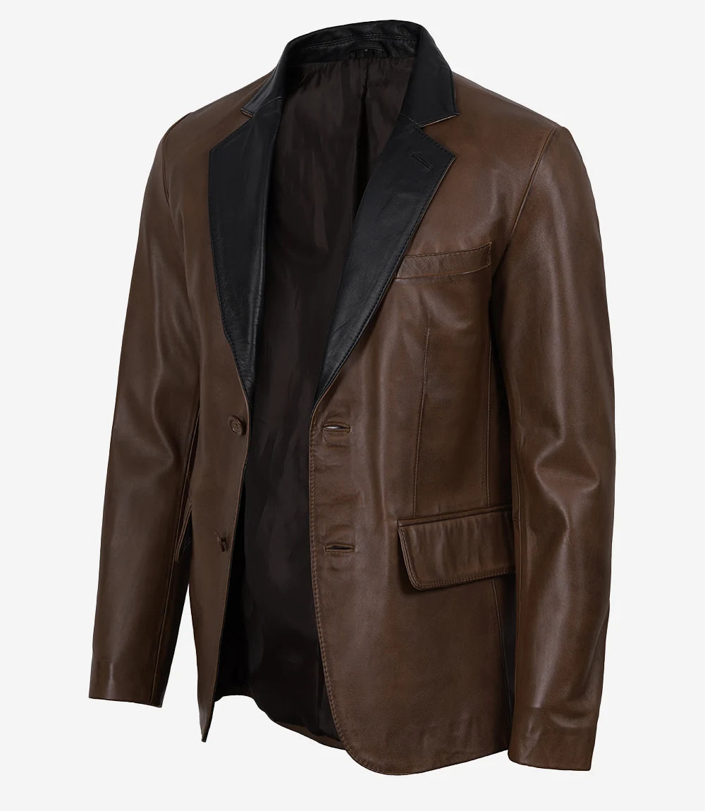Men's Cognac Leather Blazer with Black Notch Lapel