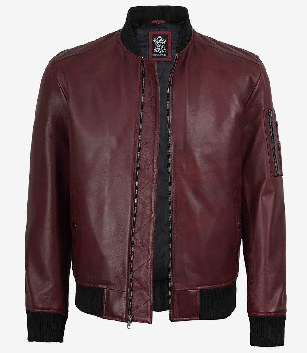 Men’s Burgundy Waxed Leather Flight Bomber Jacket