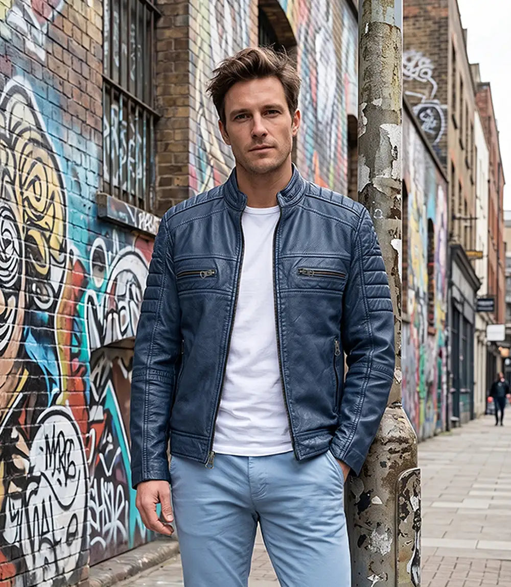 Men's Blue Washed Cafe Racer Leather Jacket