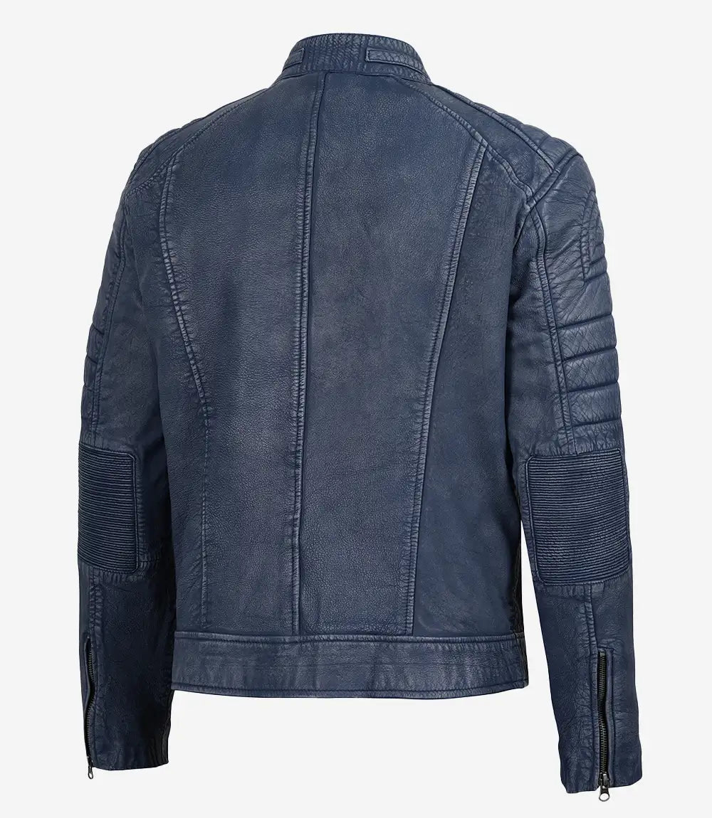 Men's Blue Washed Cafe Racer Leather Jacket