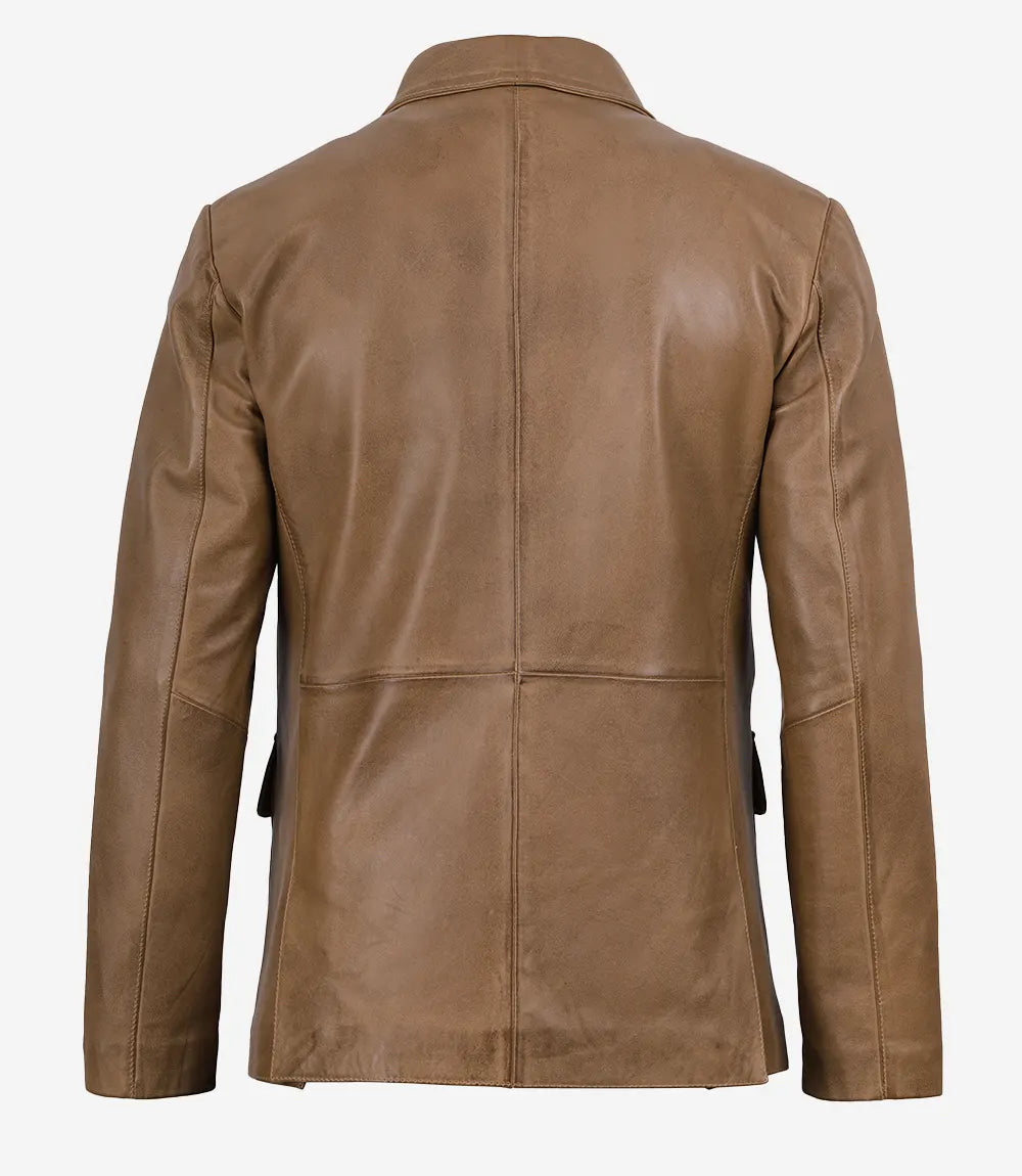 Men's Camel Waxed 3 Button Leather Blazer