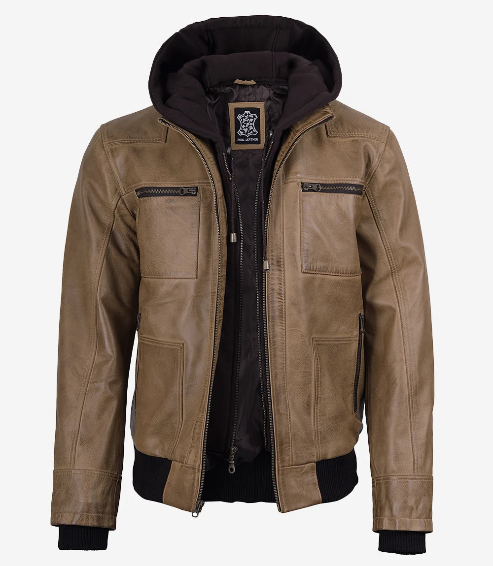 Men's Camel Waxed Leather Hooded Bomber Jacket