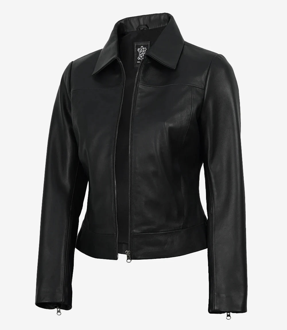 Women's Black Leather Harrington Jacket