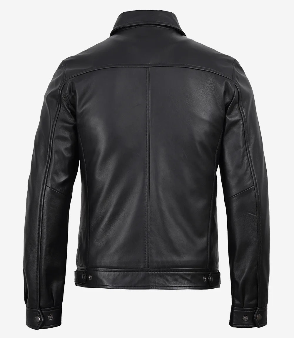 Men's Black Shirt Collar Leather Jacket - Harrington Style - Black - view 6