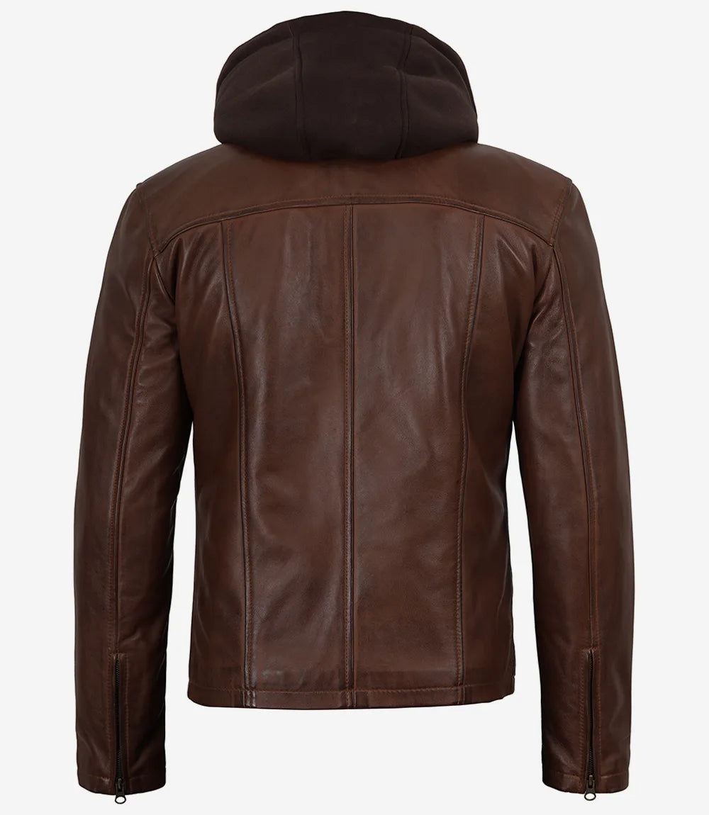 Mens Cognac Waxed Biker Style Leather Jacket with Hood
