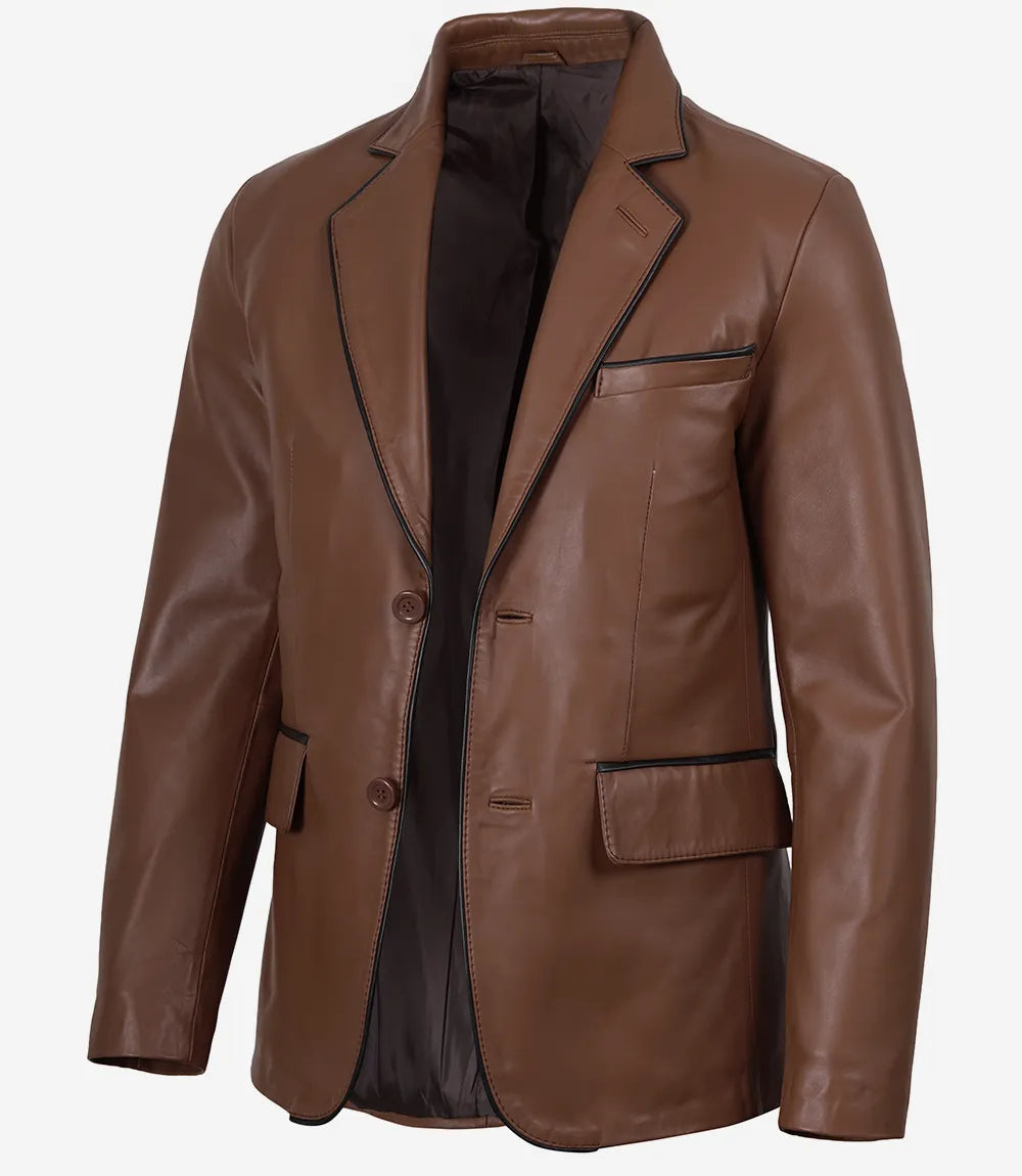 Men's 2 Button Cognac Leather Blazer - Black Piping Details
