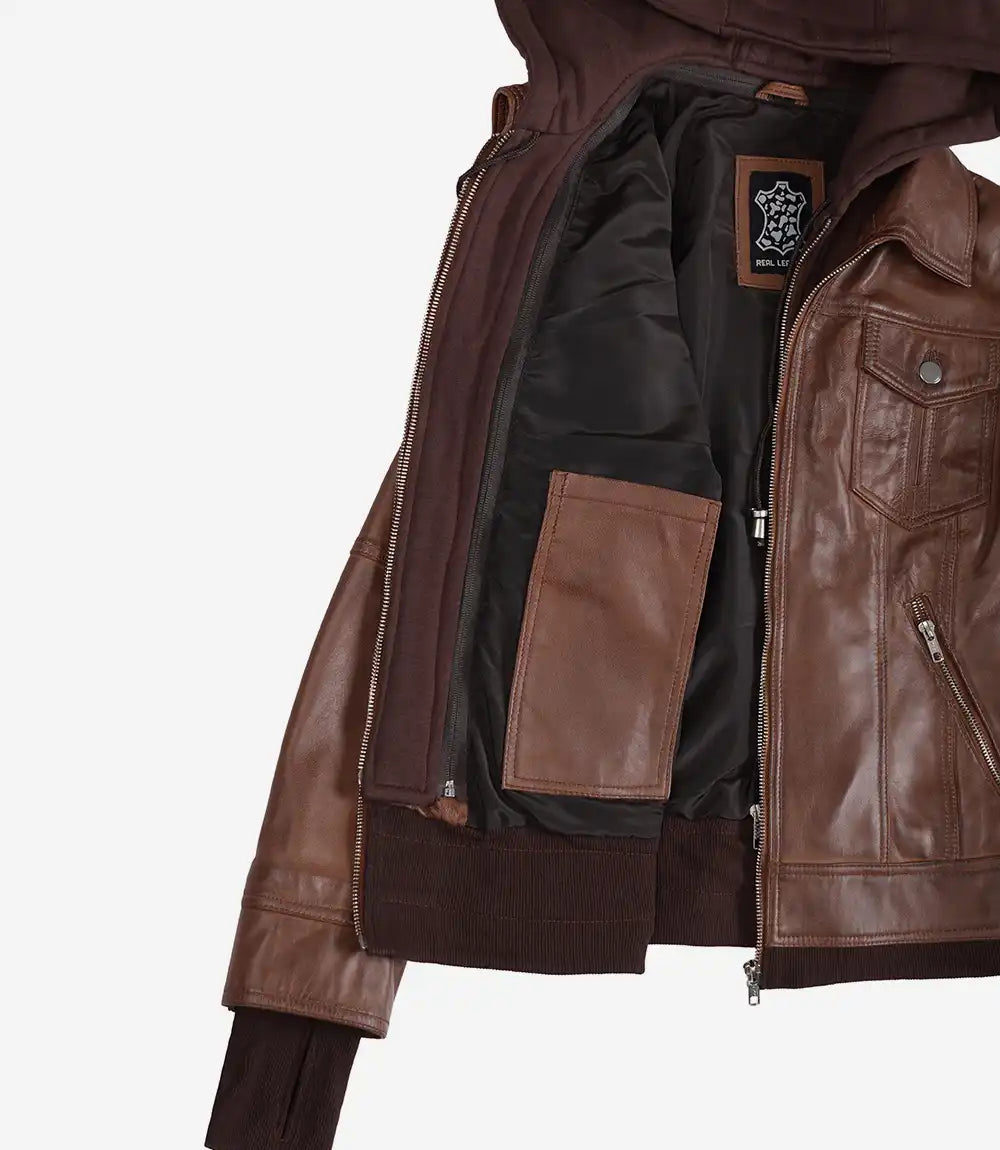 Women's Cognac Wax Bomber Leather Jacket With Removable Hood