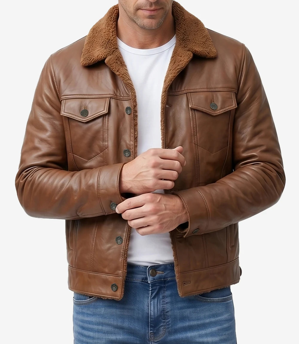 Men's Cognac Brown Real Lambskin Leather Trucker Jacket – Sherpa Lined