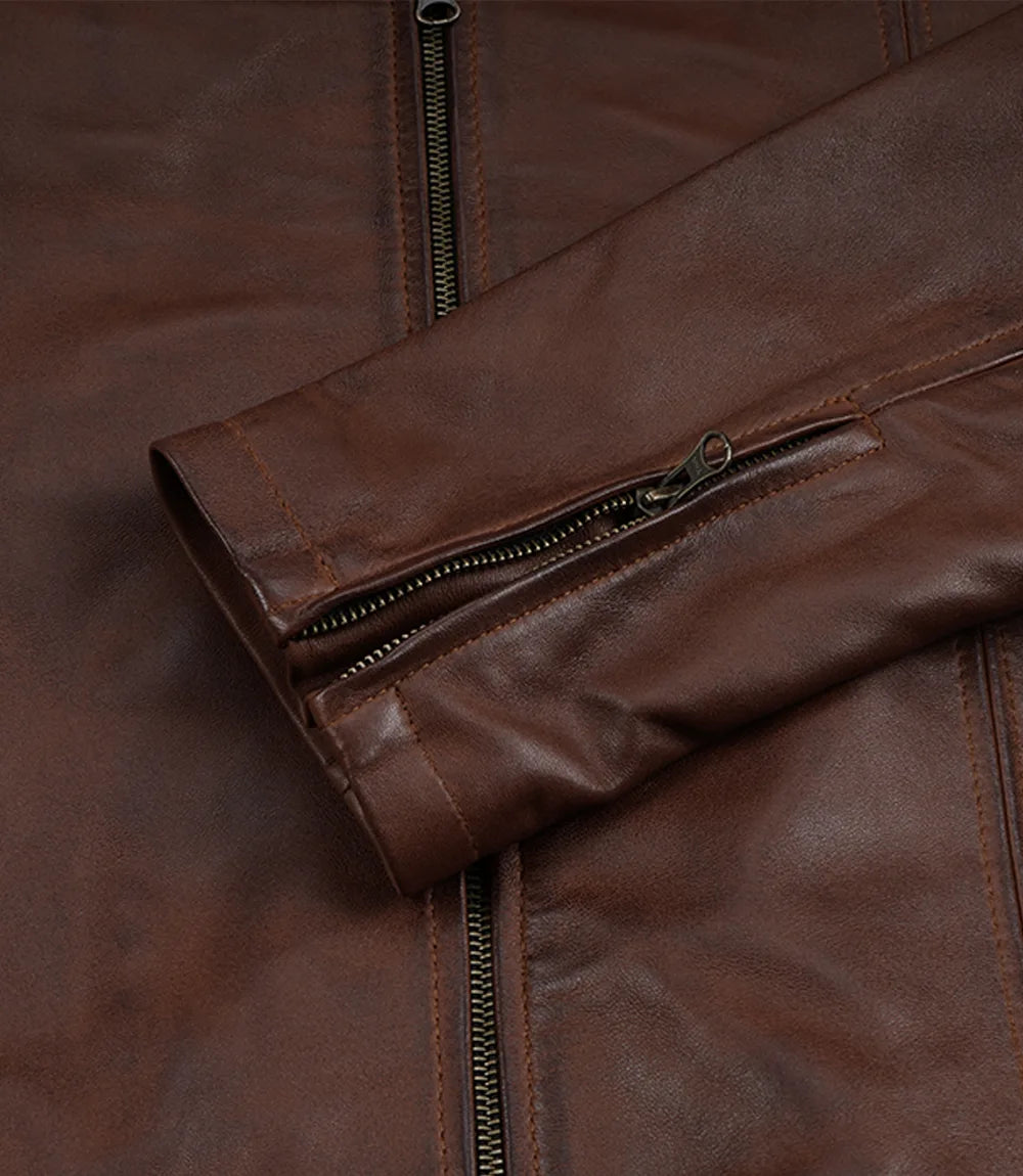 Mens Cognac Waxed Biker Style Leather Jacket with Hood