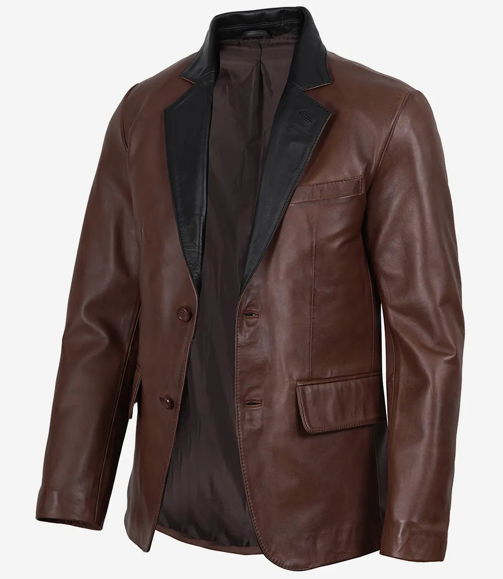 Men's Cognac Waxed Leather Blazer with Contrast Black Lapels