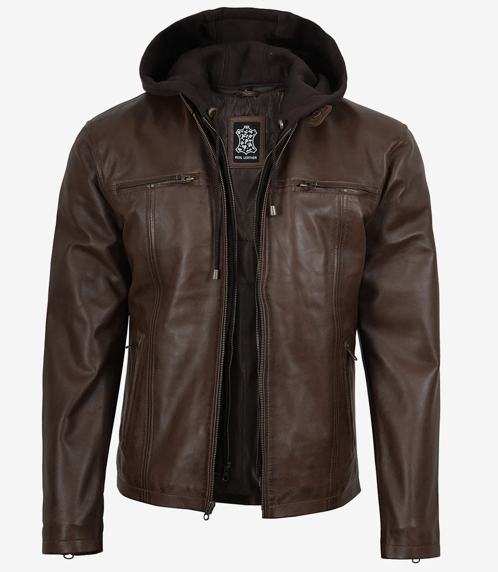 Mens Dark Brown Biker Style Leather Jacket with Hood