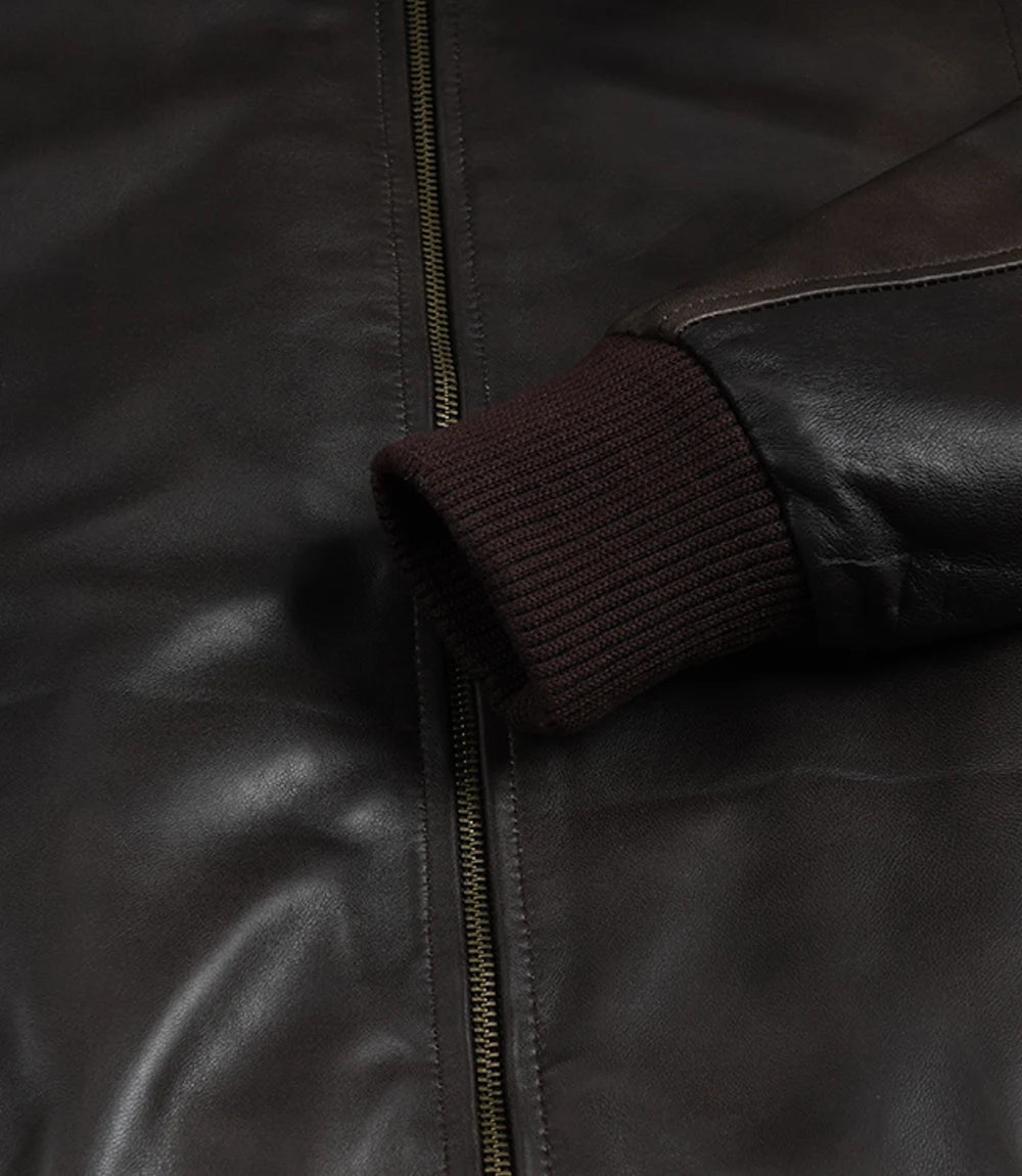 Men's Vintage Brown Leather Bomber Jacket with Shirt Collar