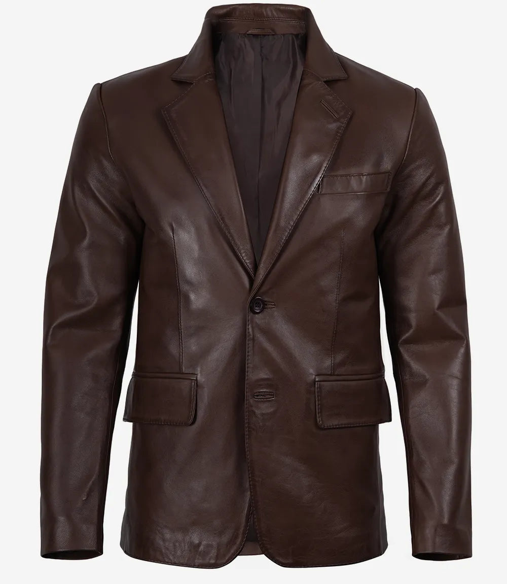 Men's Dark Brown Two-Button Waxed Leather Blazer