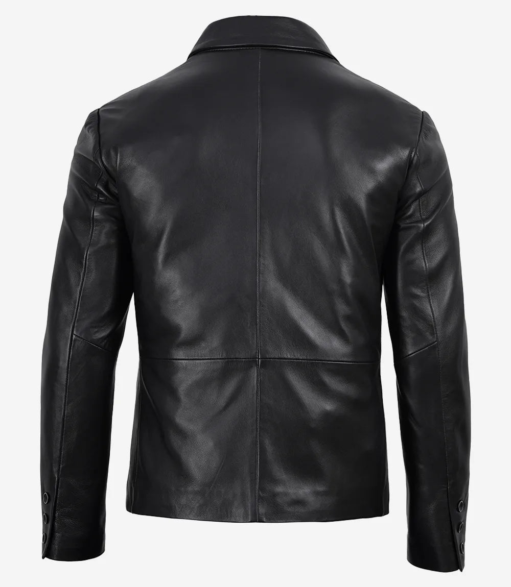 Men's Double Breasted Black Leather Blazer