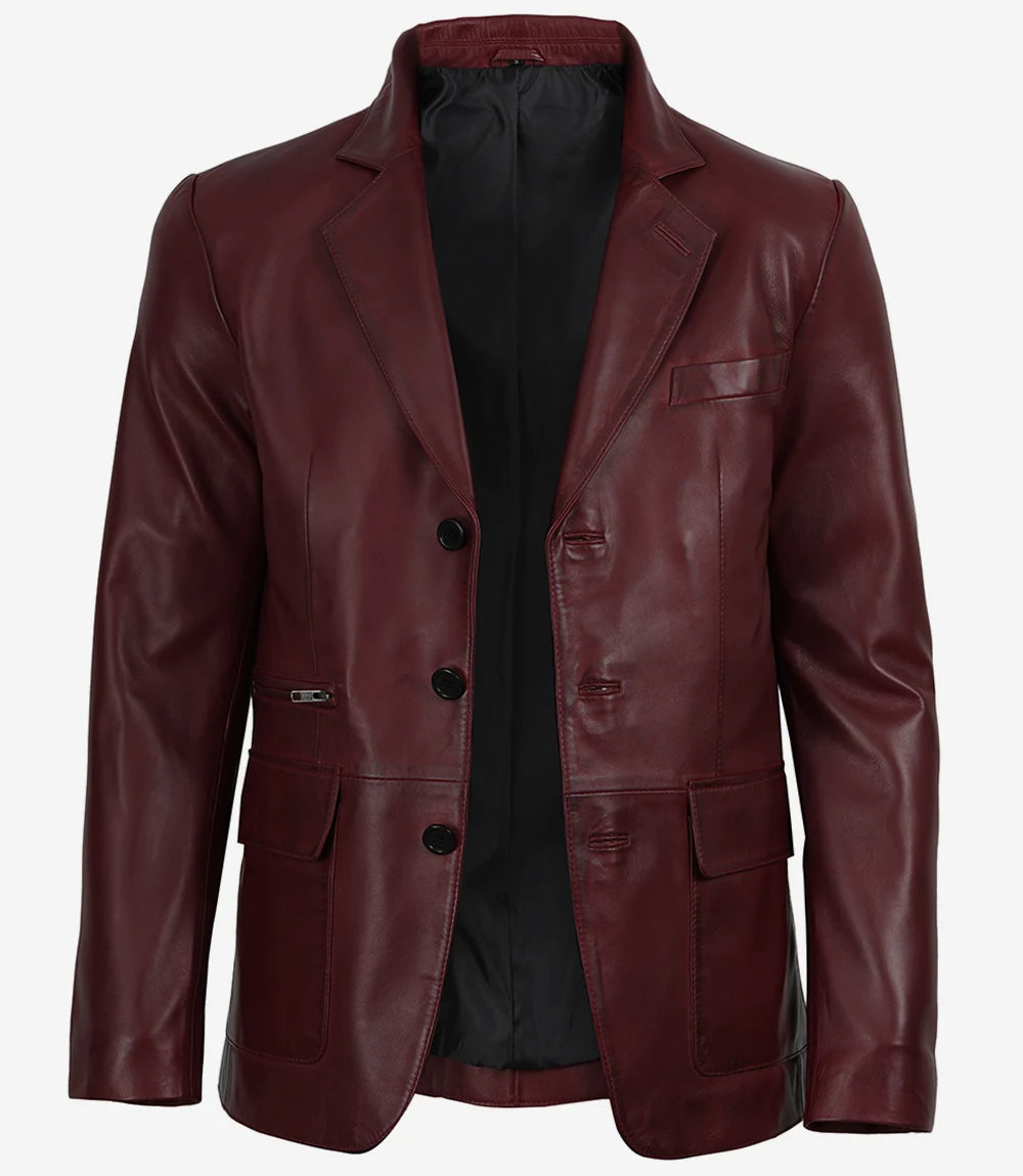Eliseo Men's Burgundy Lambskin Leather Blazer - Three Button Style