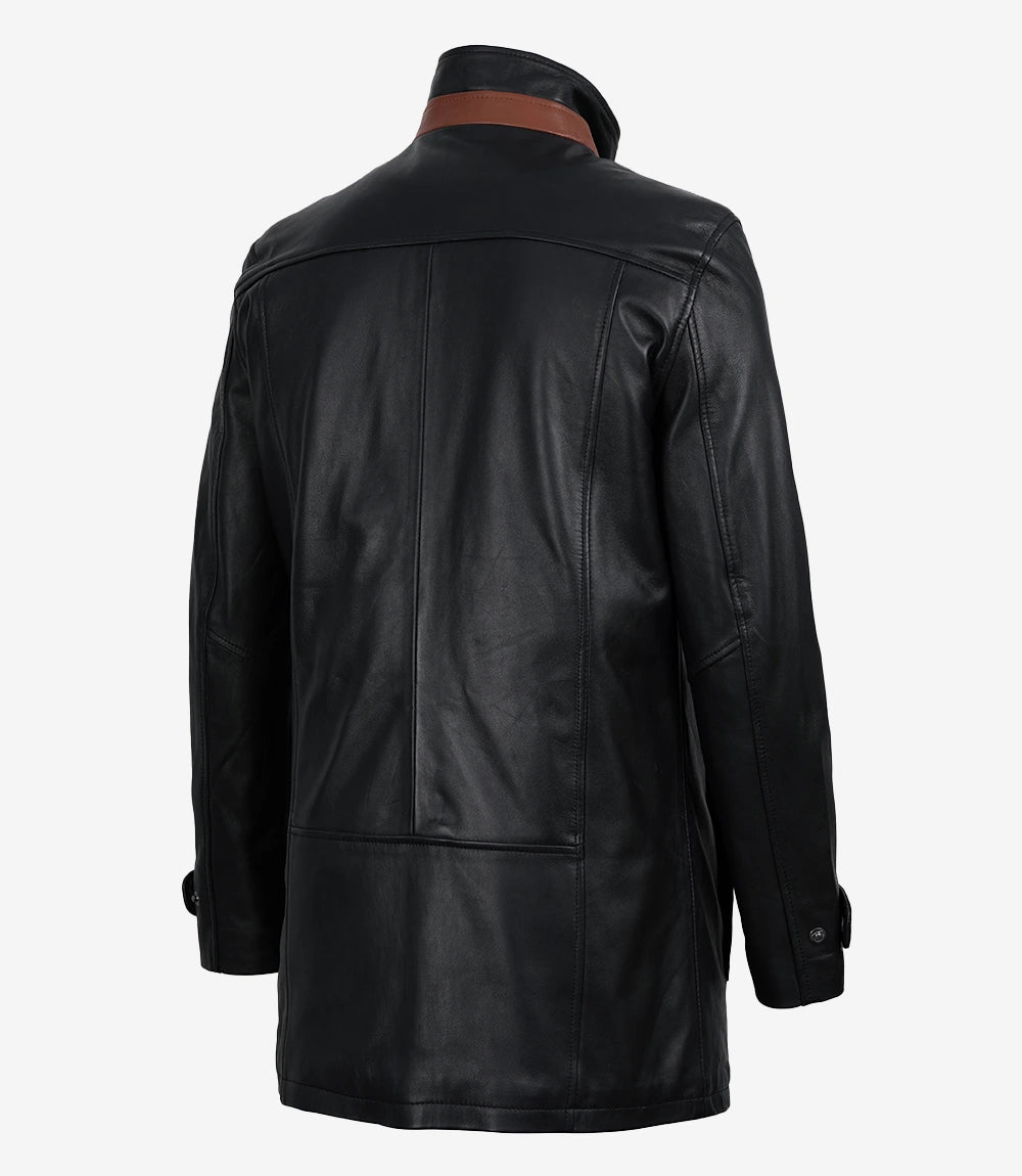 Erin Mens High-Collar Black Leather Jacket With Brown Details