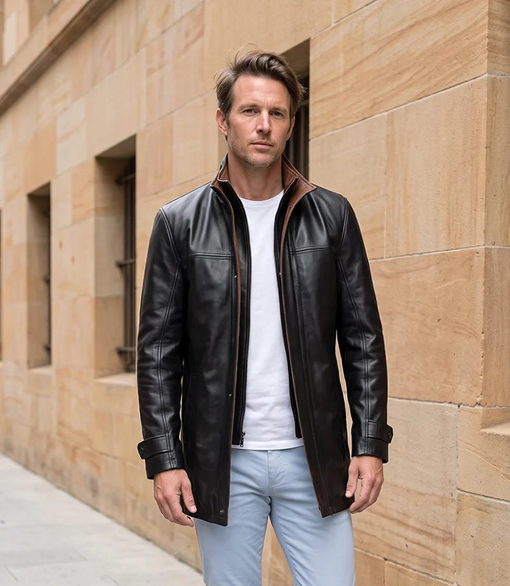 Erin Mens High-Collar Black Leather Jacket With Brown Details