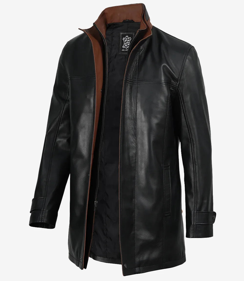 Erin Mens High-Collar Black Leather Jacket With Brown Details