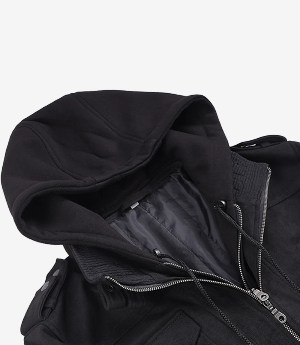 Men's Black Faux Suede Hooded Bomber Jacket