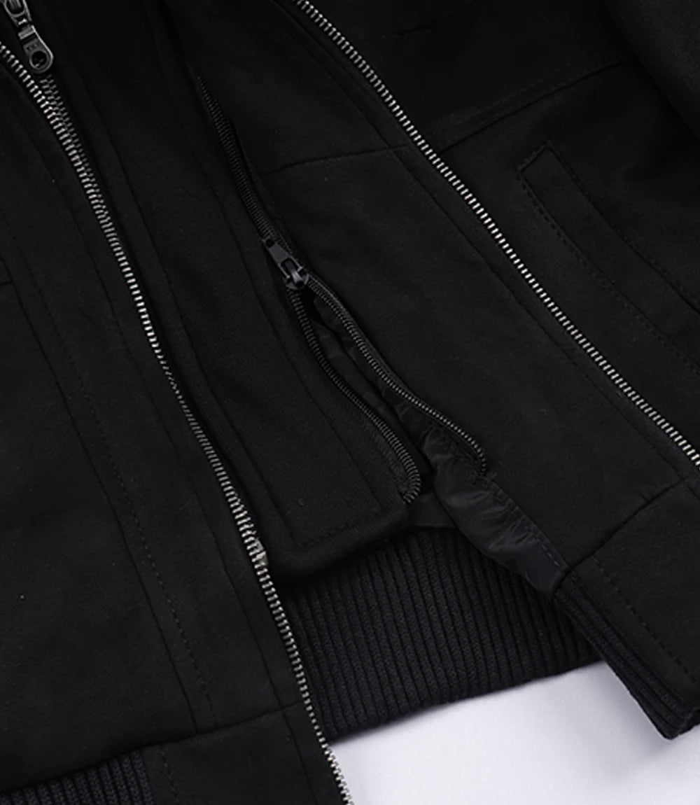 Women's Black Faux Suede Hooded Bomber Jacket