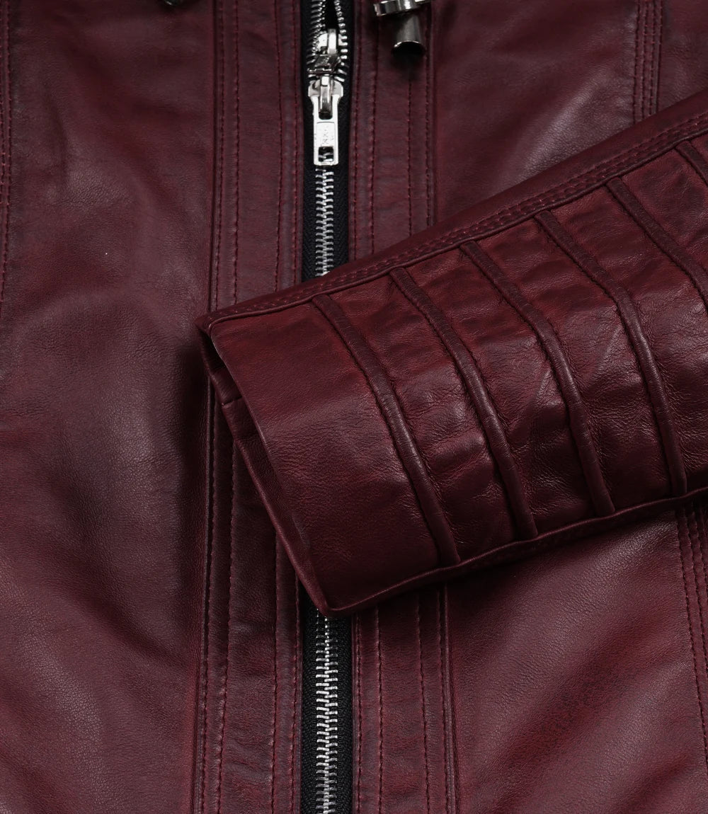 Women's Maroon Waxed Leather Hooded Biker Jacket