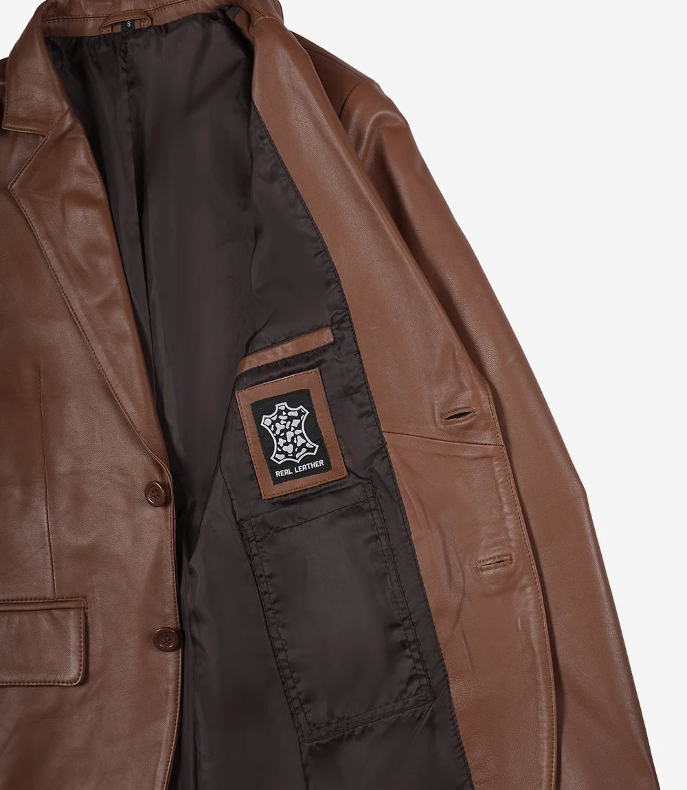 Mens Two Button Cognac Leather Blazer - Notch Lapel