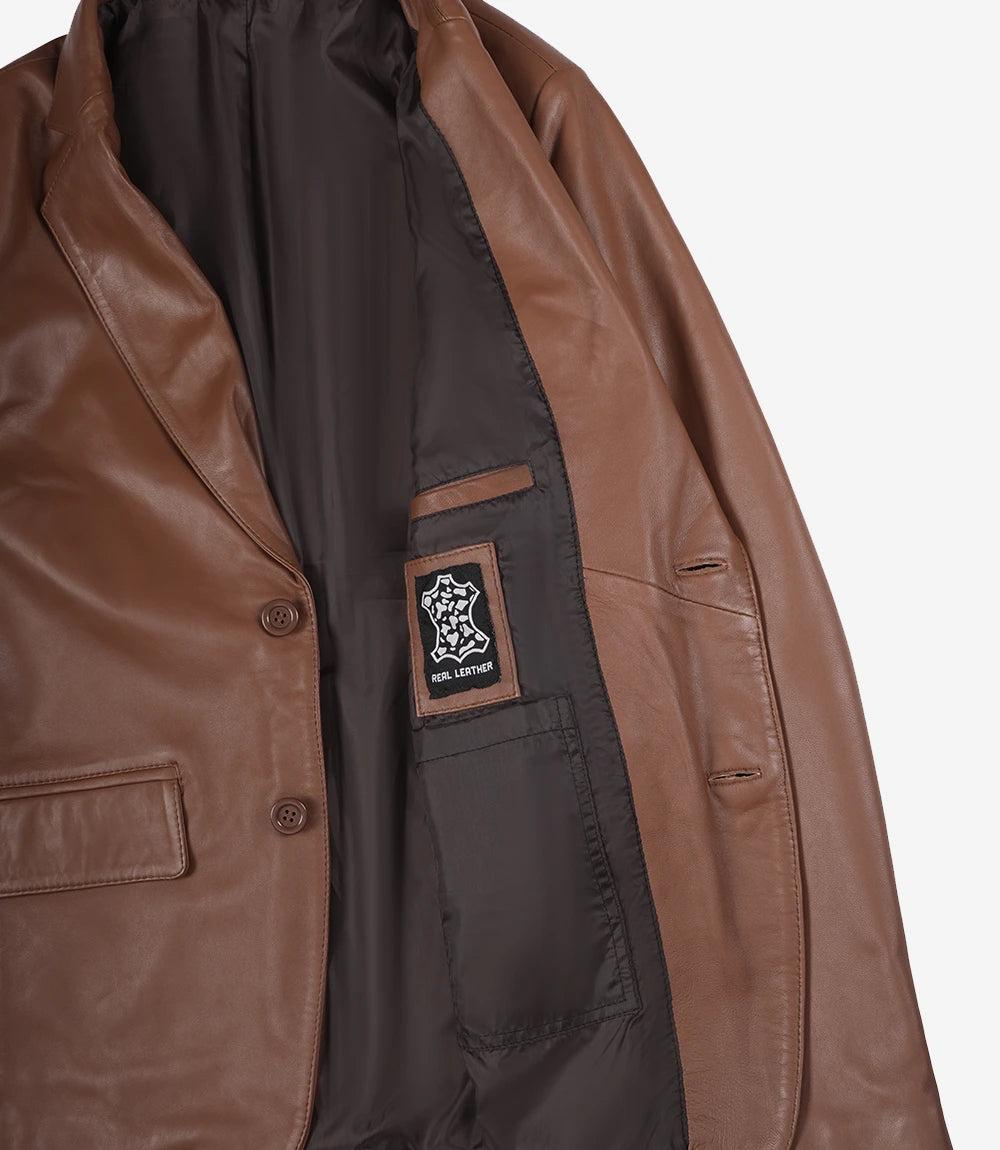 Mens Tall Two Buttons Cognac Leather Blazer